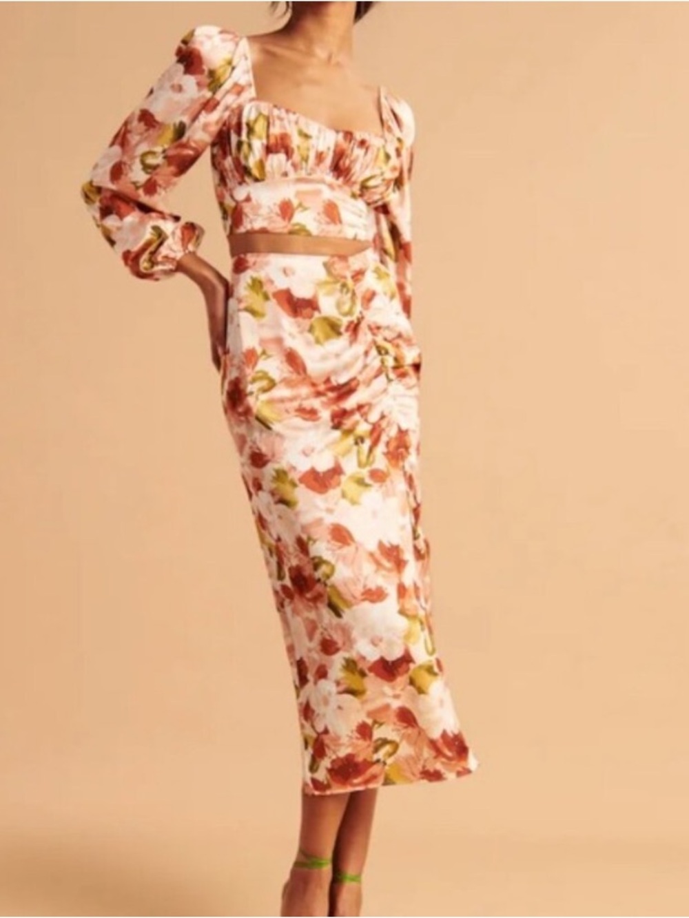 Abercrombie & Fitch Floral Satin Midi Skirt in Blush, Rust & Olive